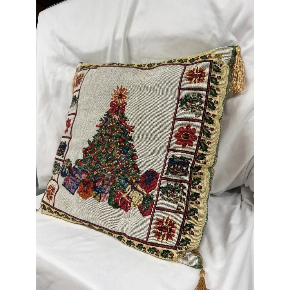 Vintage Style Woven Tapestry Christmas Tree Throw Pillow with Gold Tassels